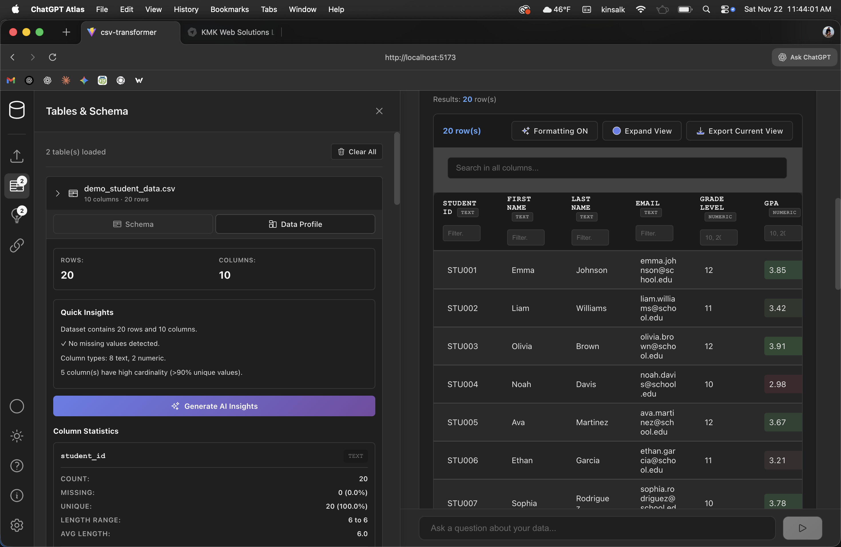 CSV Transformer - Tables & Schema view