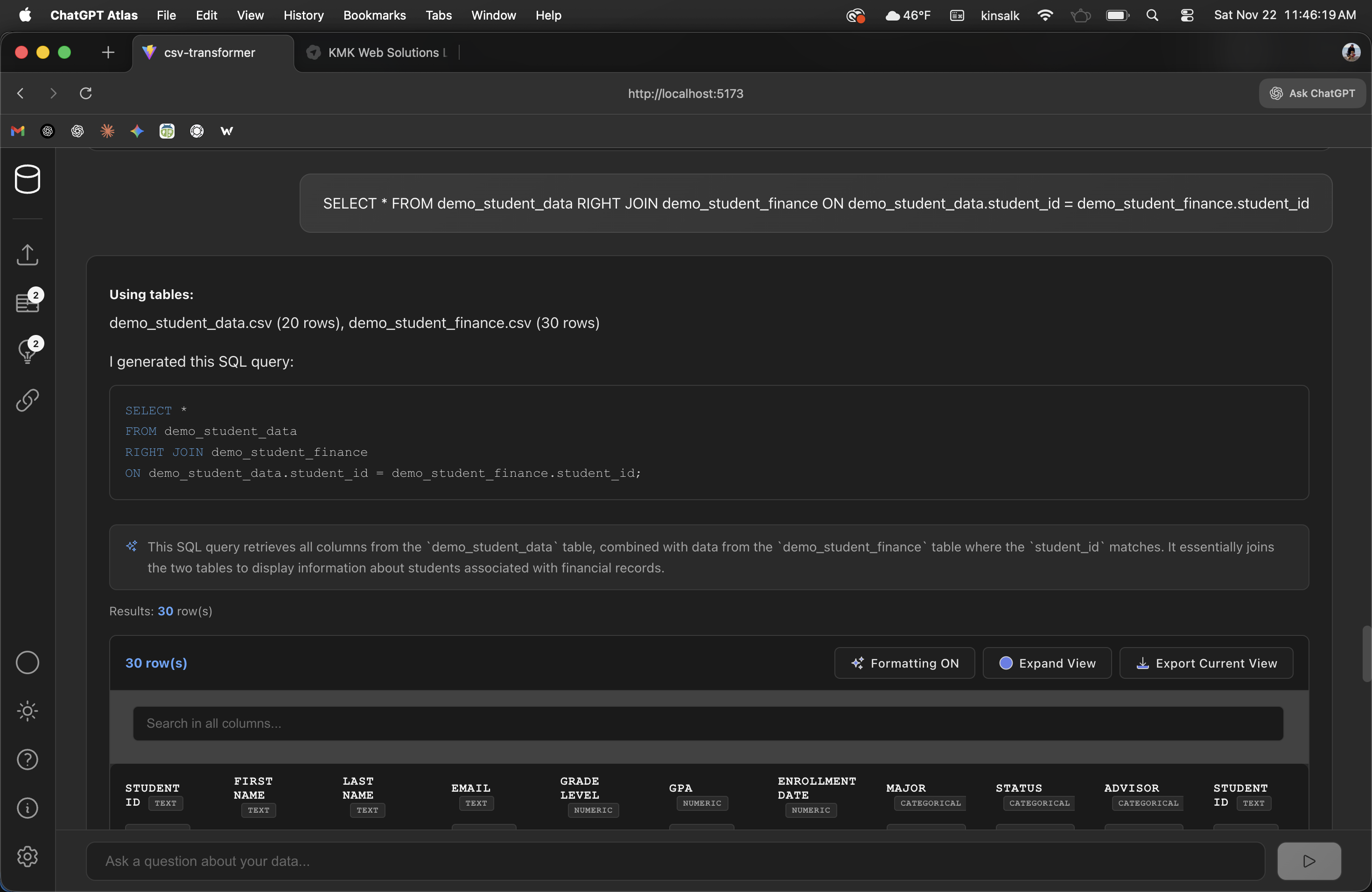 CSV Transformer - SQL query execution